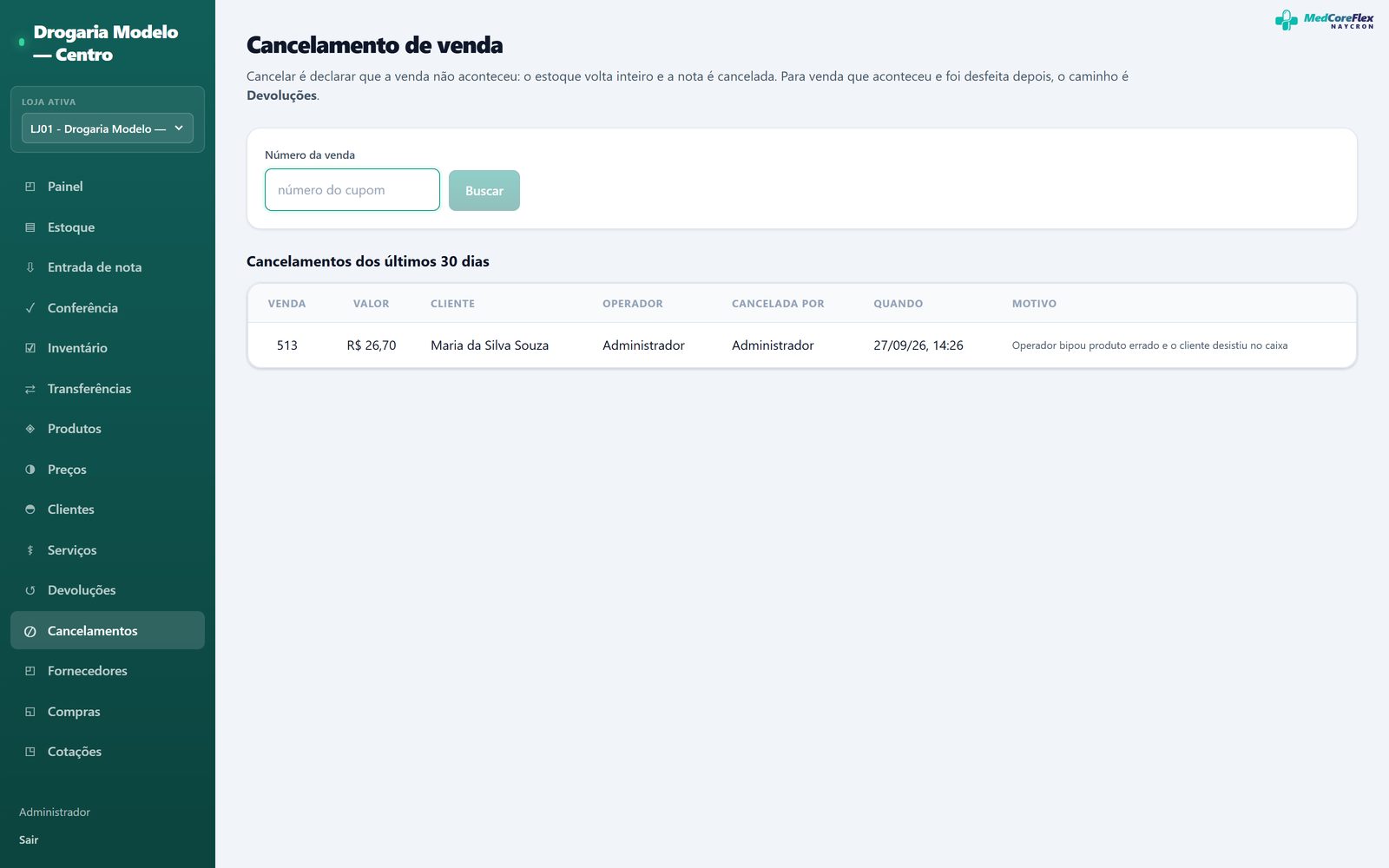 Tela de cancelamento de venda, com campo para o número do cupom e justificativa.