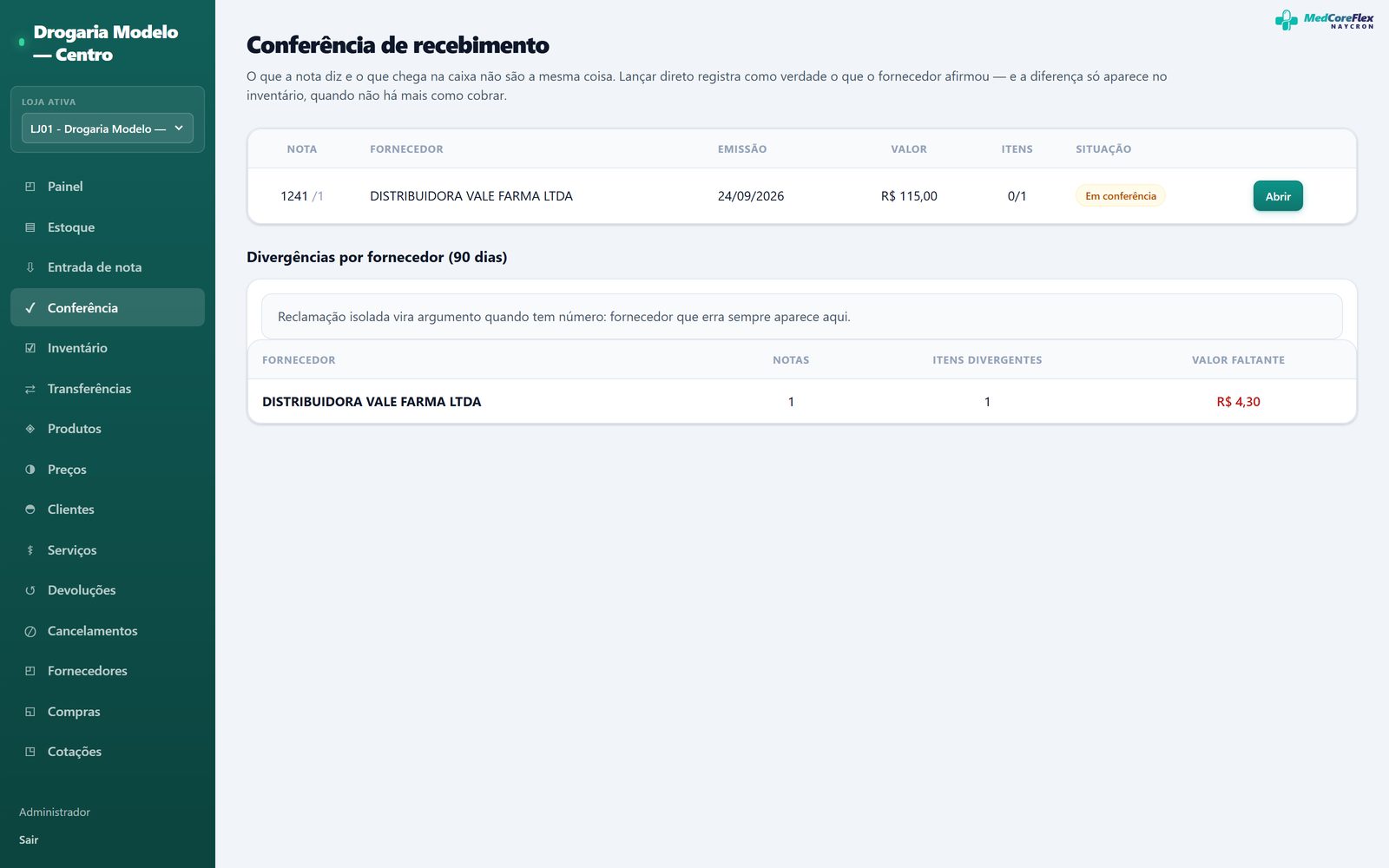 Tela de conferência de mercadoria recebida, com notas pendentes e divergências.
