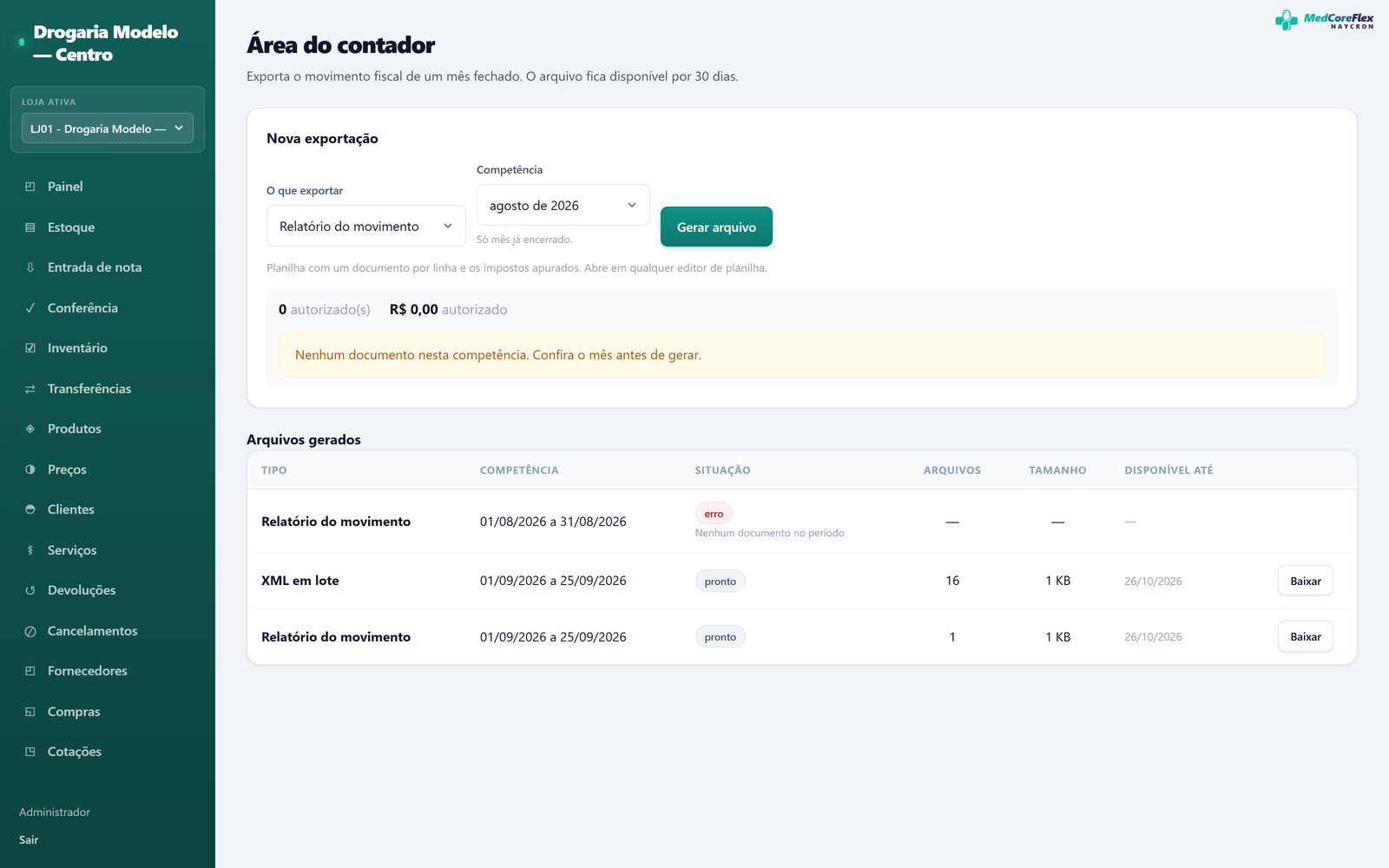 Tela com os arquivos e relatórios preparados para o contador.