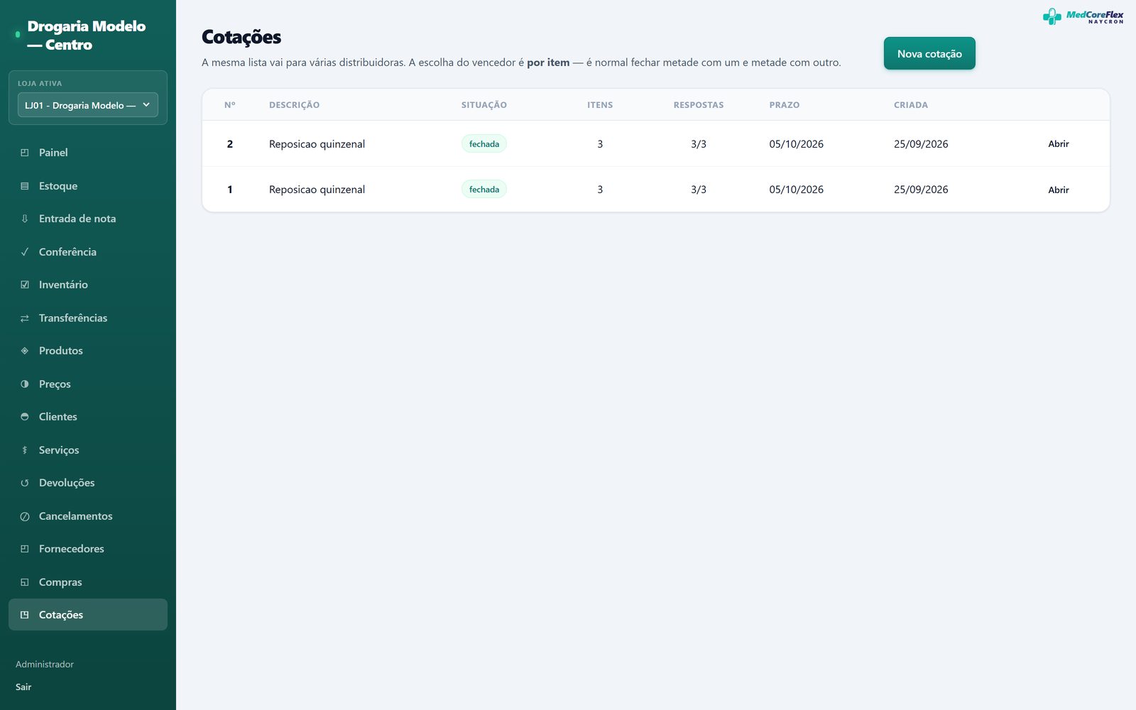 Tela de cotação, com a lista de cotações e o comparativo de preços entre fornecedores.