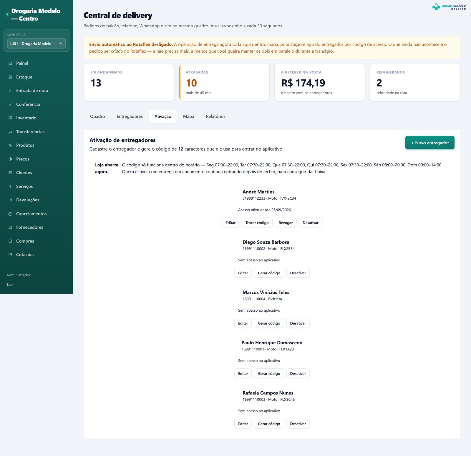 Aba de ativação de entregadores, com o cadastro e a geração do token de acesso ao aplicativo.