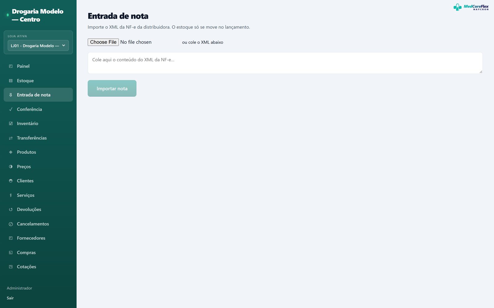 Tela de entrada de nota, com a área para colar o XML da NF-e do fornecedor.
