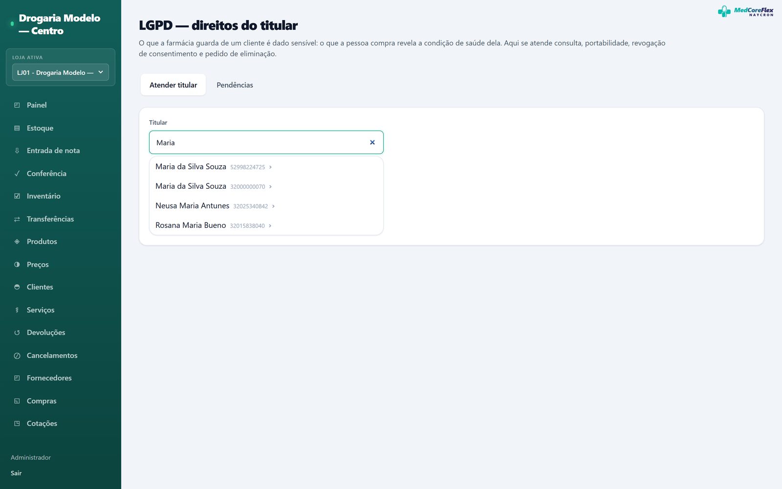 Tela de LGPD com um cliente localizado, mostrando consentimentos e as ações disponíveis.