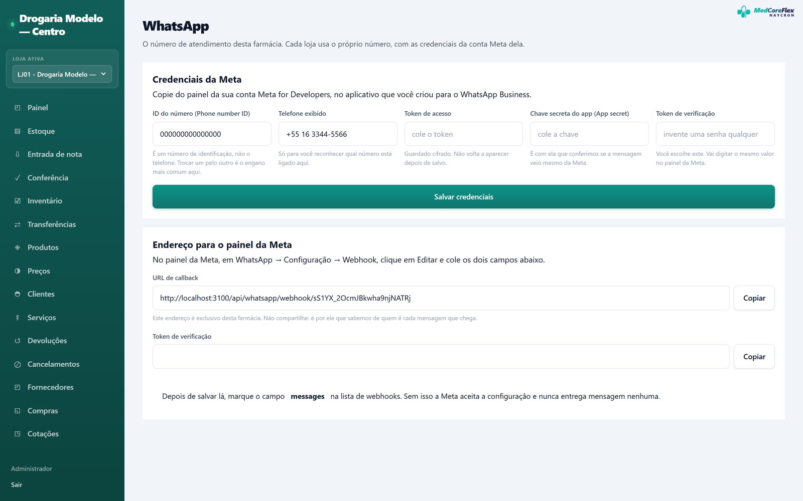 Tela do WhatsApp da farmácia, com a configuração da conta e a fila de conversas.